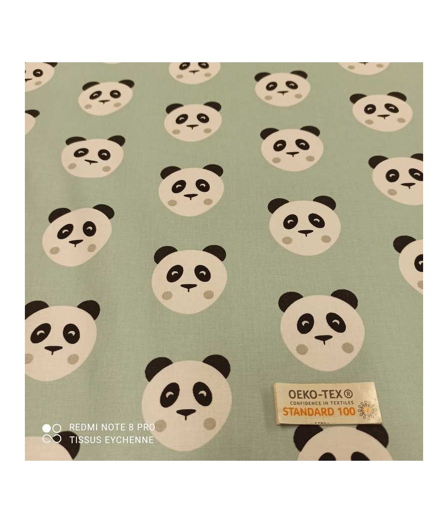 Tissu cretonne - tête de panda - Oekotex - menthe/blanc