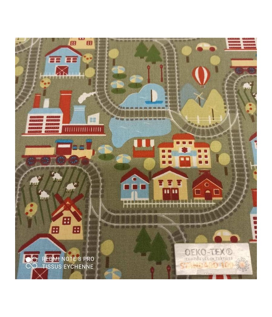 Tissu cretonne - Petit Train Tchoutchou - Oekotex - kaki