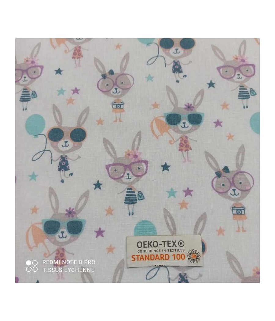 Tissu coton - Mme lapin Lucette - Oekotex - blanc