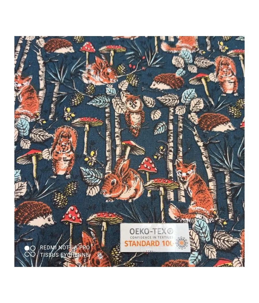 Tissu cretonne - Renard Hérisson Lapin - Oekotex - Canard Foncé