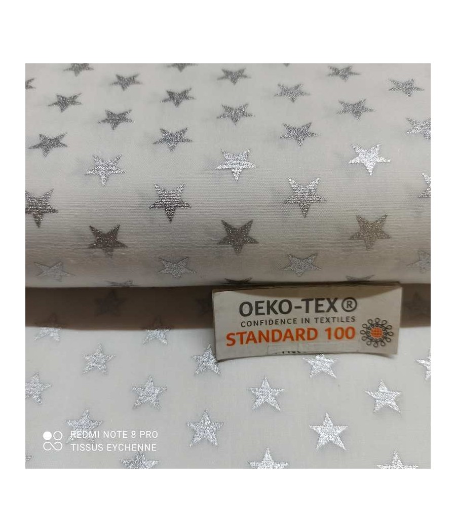 Tissu popeline de coton - étoiles 1cm - Oekotex - blanc/argent