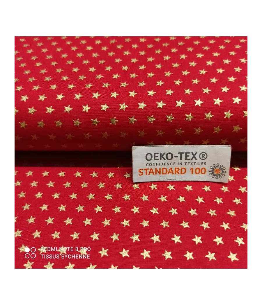 Tissu popeline de coton - Mini étoiles 5mm - Oekotex - rouge/doré