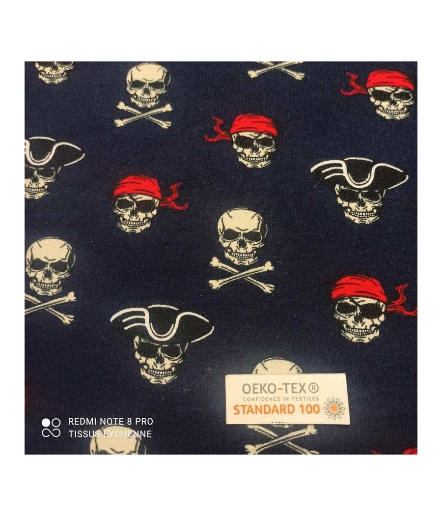 Tissu jersey gratté - pirates skull - POPPY - bleu marine