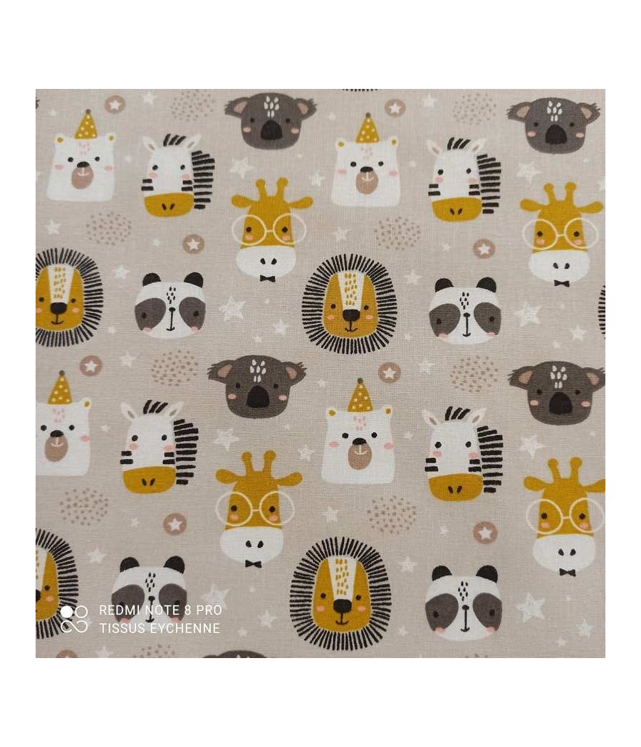 Tissu coton - polisson girafe-panda-ours - Oekotex - col.naturel