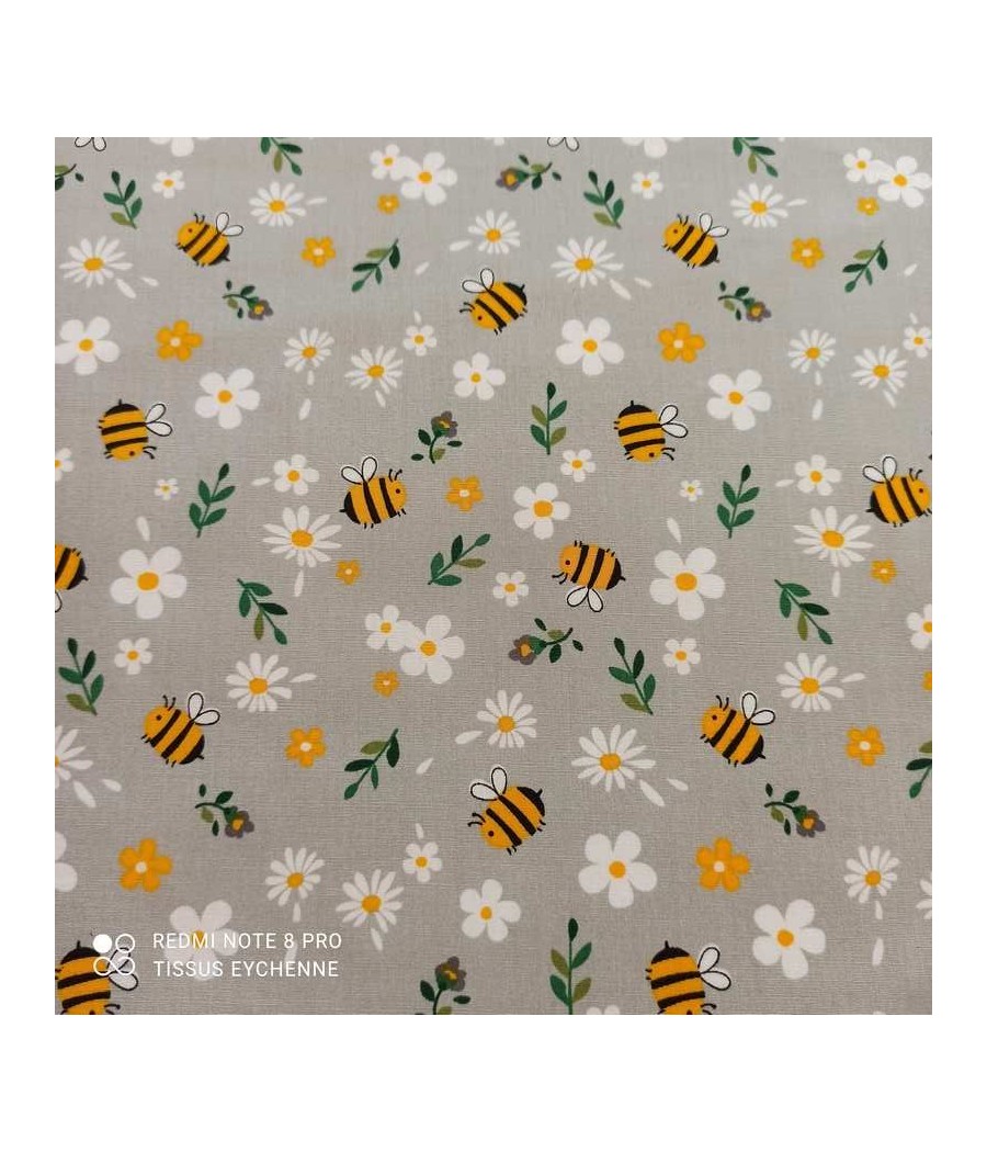 Tissu popeline de coton - Abeille Marguerite - Oekotex - Gris