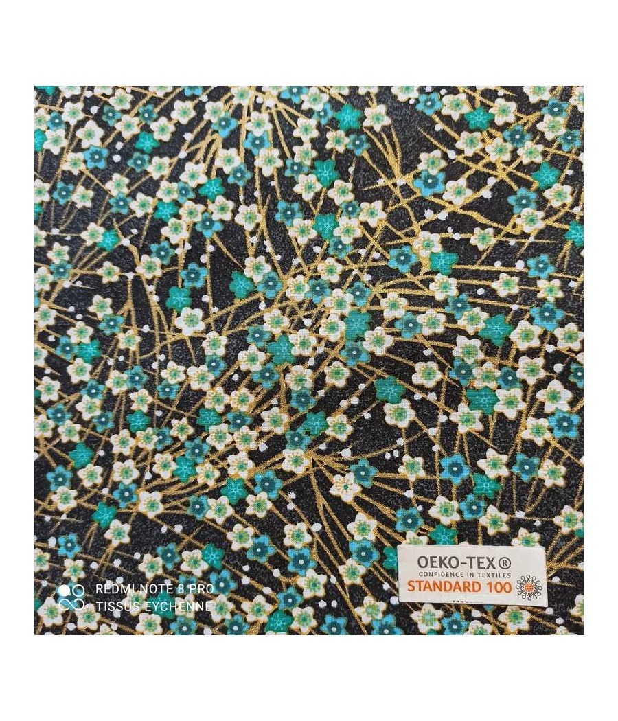 Tissu coton - petite Fleur Japon - Oekotex - turquoise/doré