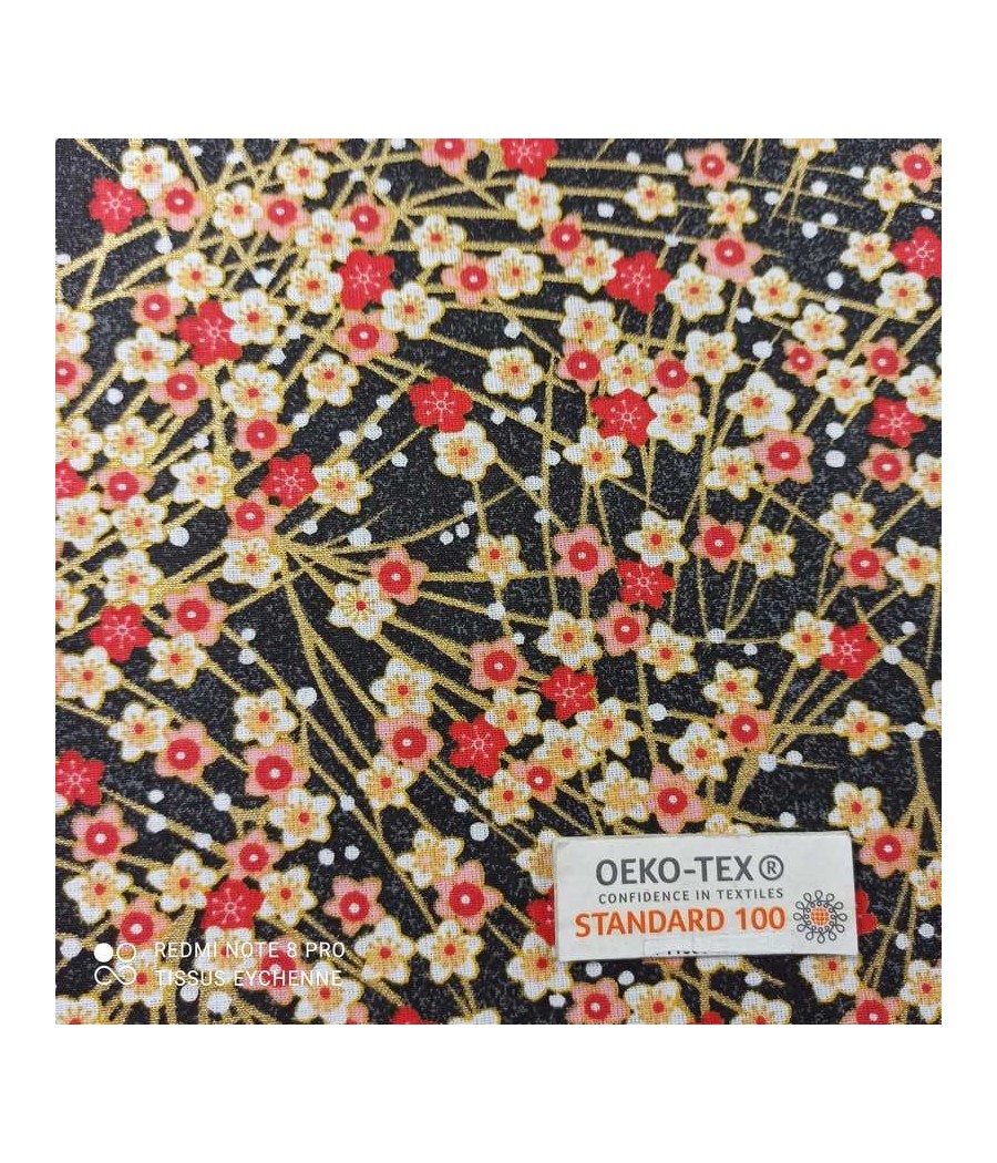 Tissu coton - petite Fleur Japon - Oekotex - rouge/doré