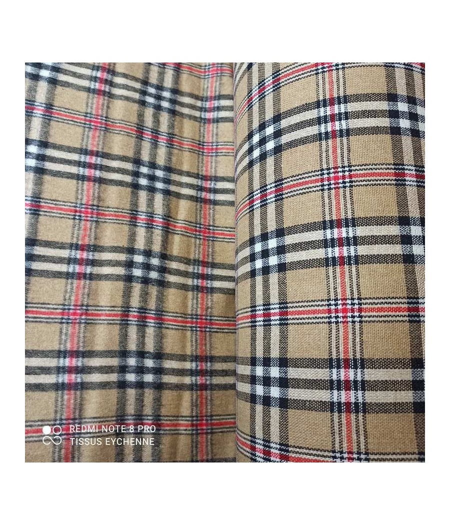 Tissu double face - cardé/gratté - carreau Burberry - Beige