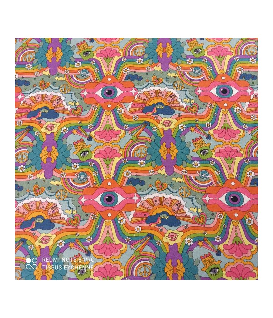 Tissu popeline de coton Bio + Oekotex - Sixties - Peace and love