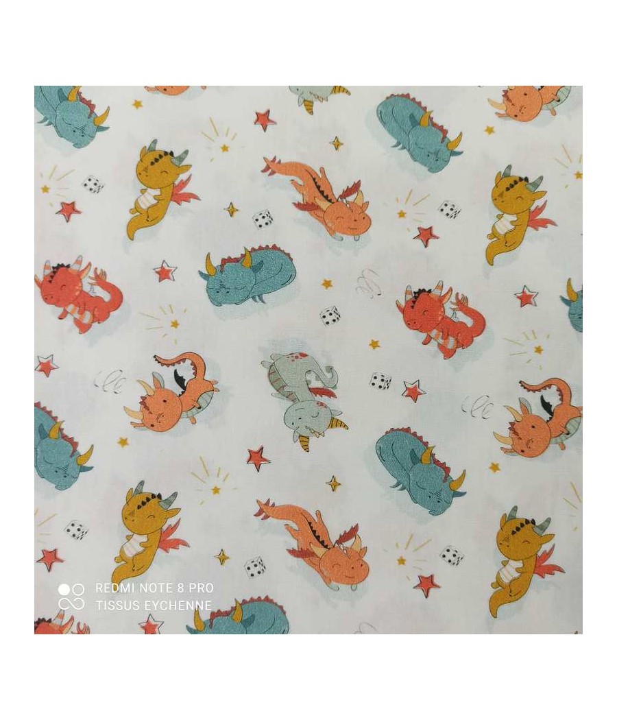 Tissu popeline de coton Bio + Oekotex - petit dragon Eliot