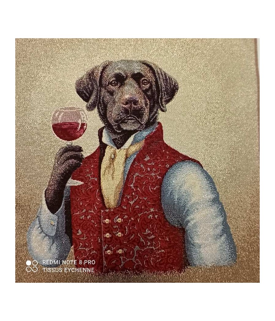 Carré jacquard - 47x47 - chien verre de vin - brillant doré - finition point Bourdon