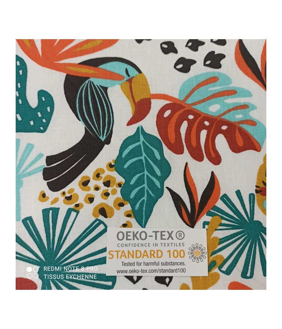 Tissu cretonne - Tigre Toucan - Oekotex - Blanc