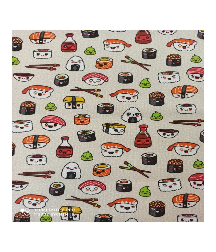 Tissu cretonne - Sushi Maki Kawaii - oekotex - ivoire