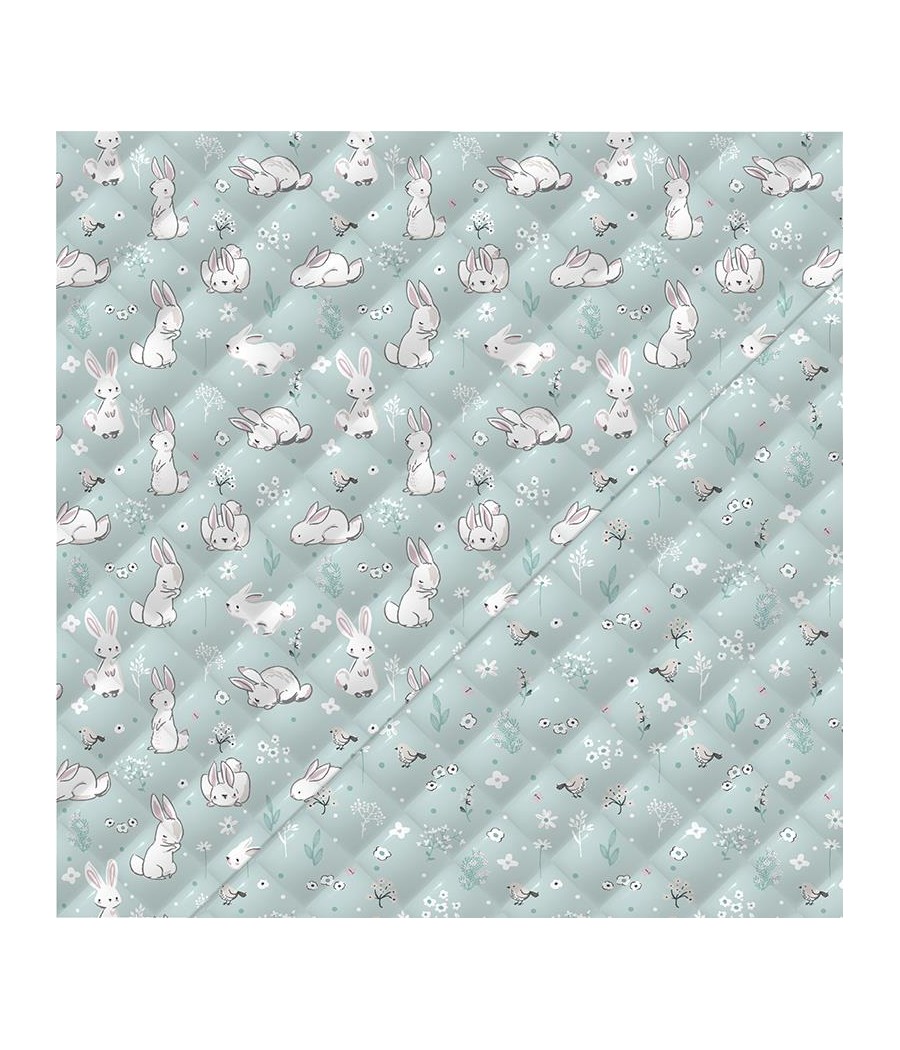 Tissu coton matelassé - double face - lapin Roger - Oekotex - Bleu