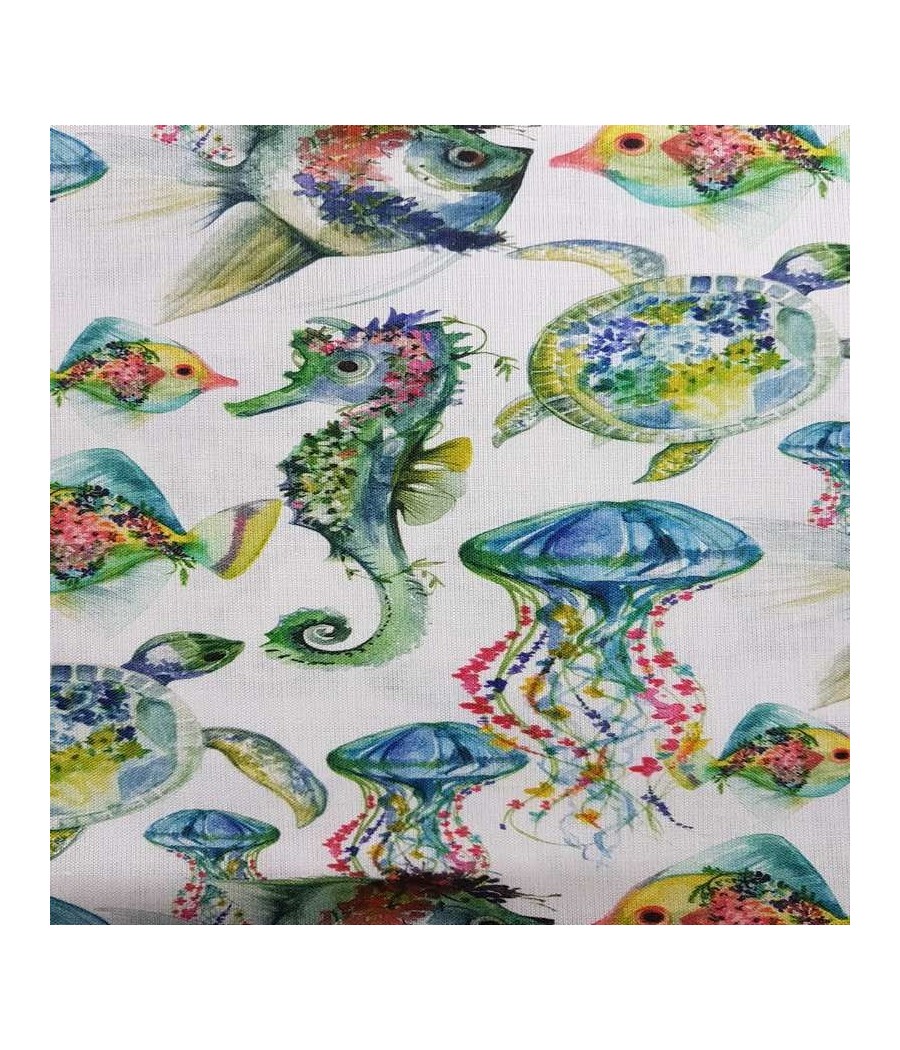 Tissu coton - poisson/méduse/tortue/hippocampe