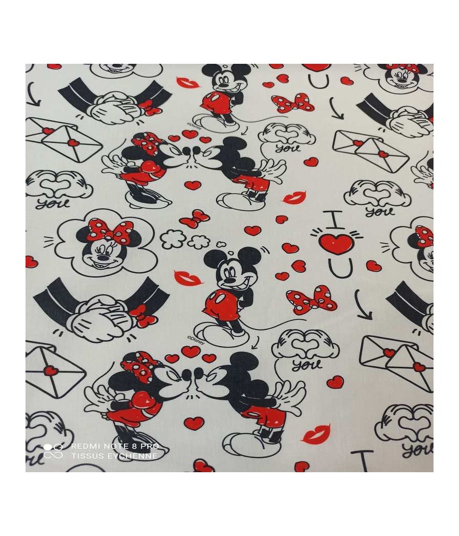 Tissu coton - Licence - Mickey I Love You Minnie - Oekotex - blanc