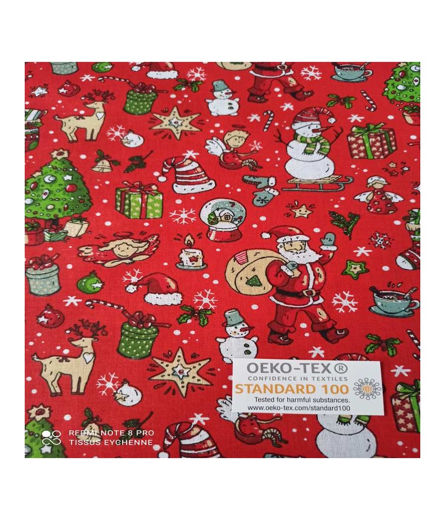 Tissu coton - Santon Père Noel - Oekotex - Rouge