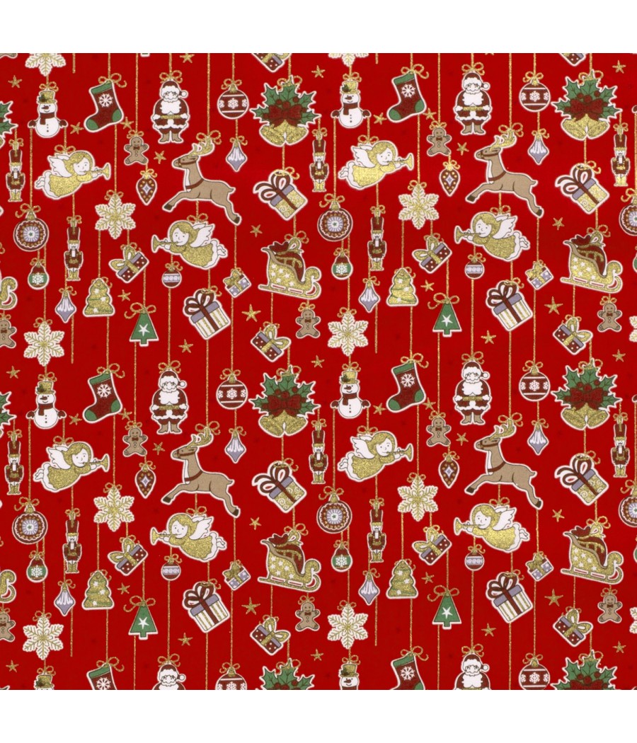 Tissu coton Noel - guirlandes Anges et Rennes - Oekotex - col. Rouge et Doré