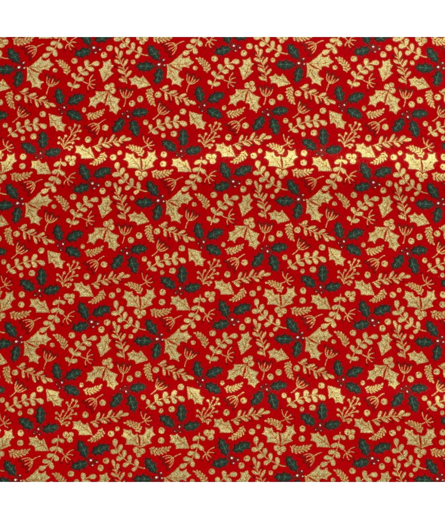 Tissu coton Noel - Feuilles de houx - Oekotex - col. Rouge et Doré