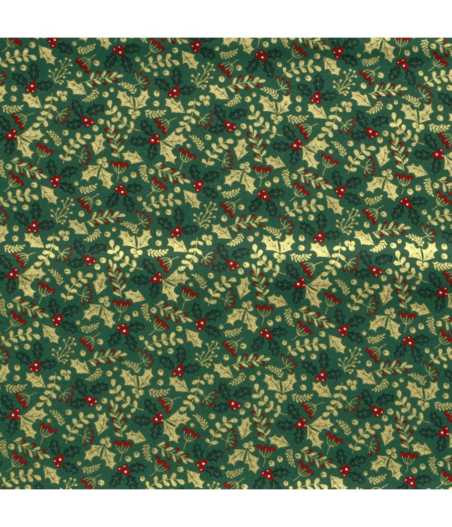 Tissu coton Noel - Feuilles de houx - Oekotex - col. Vert et Doré