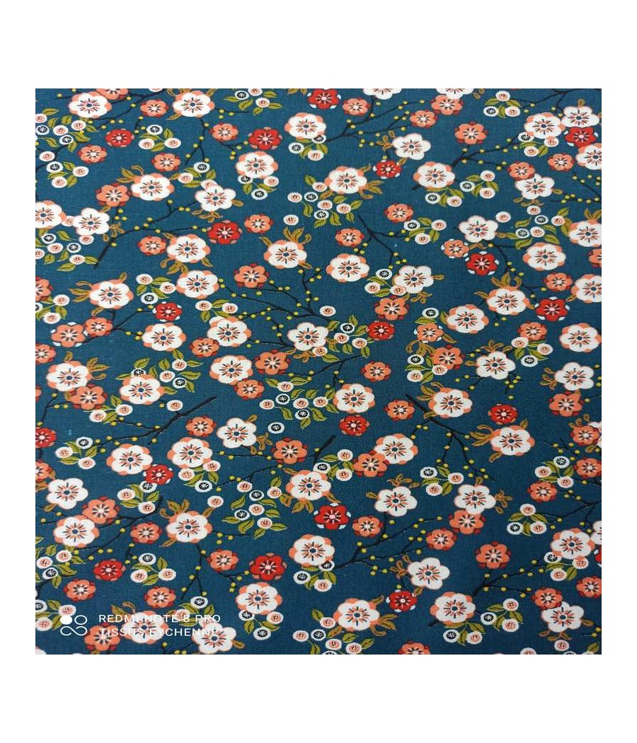 Tissu coton - petite Fleur Hokkaido - Oekotex - Bleu petrole