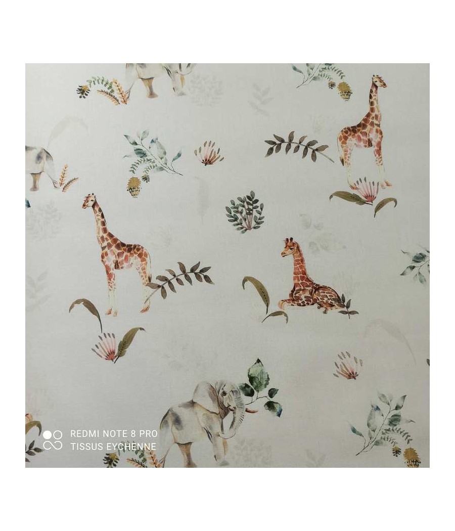 Tissu popeline - impression numérique - Savane girafe éléphant - Oekotex - blanc