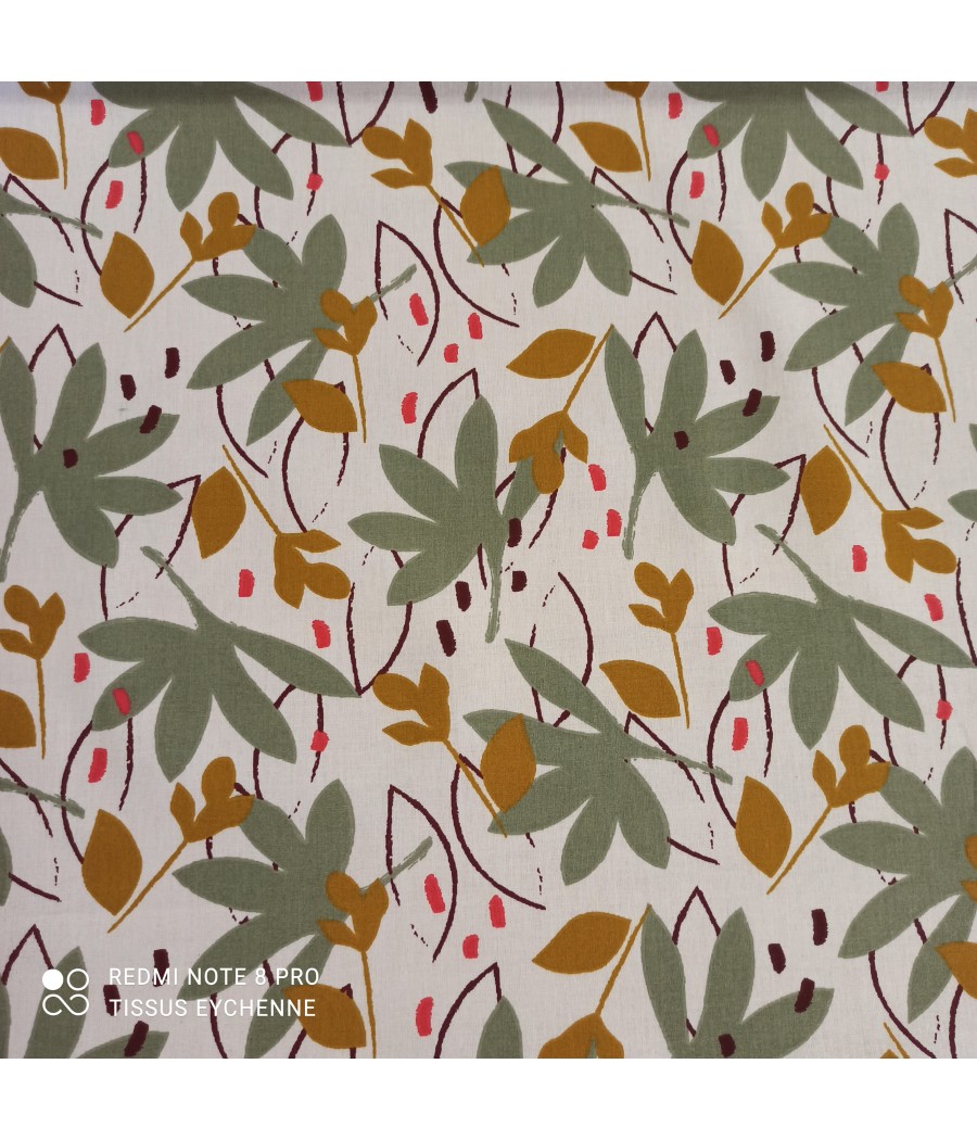 Tissu coton- Feuille Ricin - Blanc