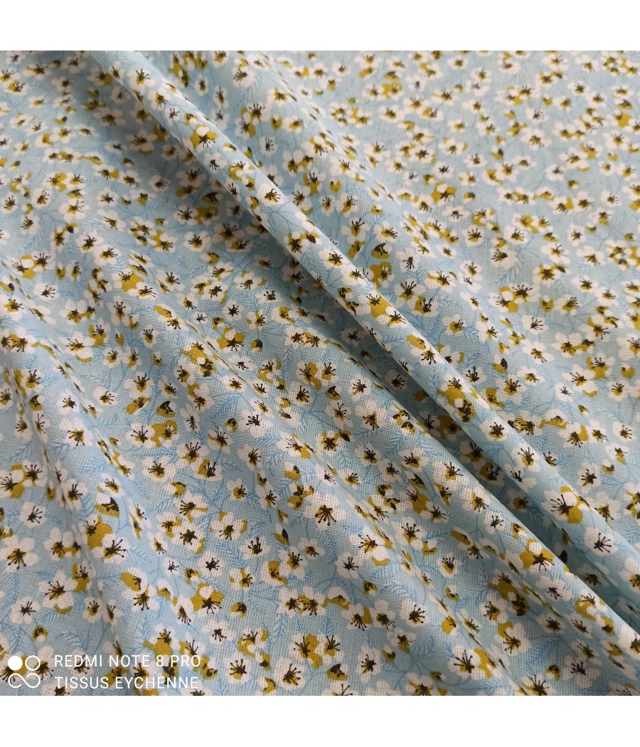 Tissu coton petites fleurs Miyu - oekotex - col. ciel