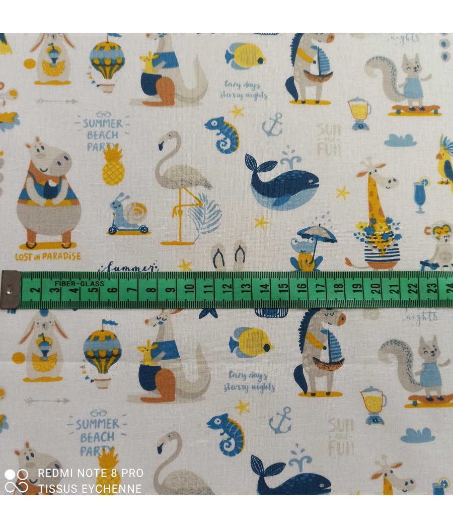 Tissu coton - Animaux Sun - blanc/bleu