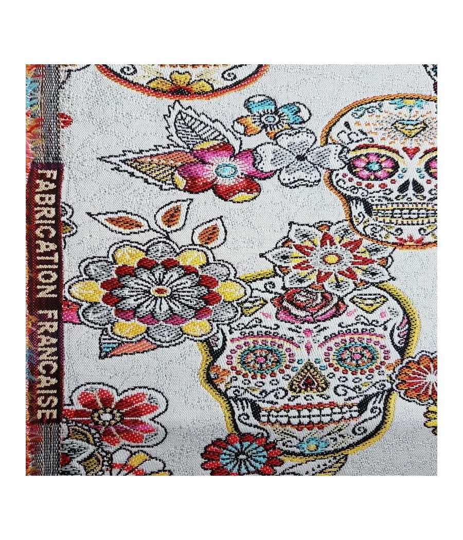 Tissu jacquard Cristobal têtes de mort mexicaines et fleurs