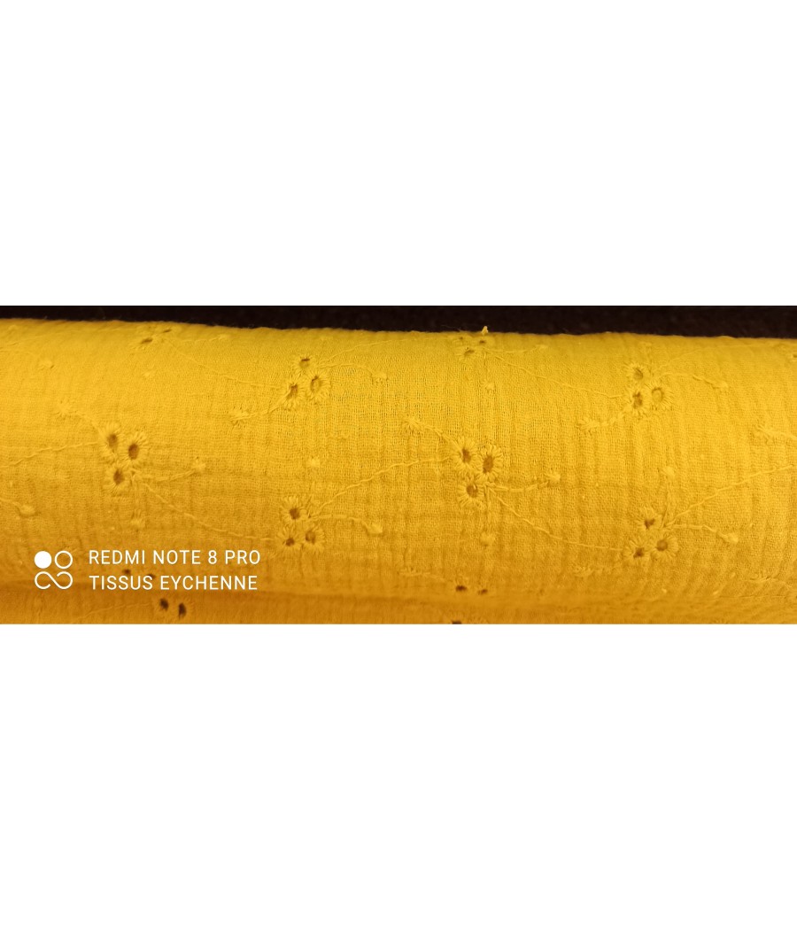 Tissu Coton - Double gaze Brodée - Moutarde