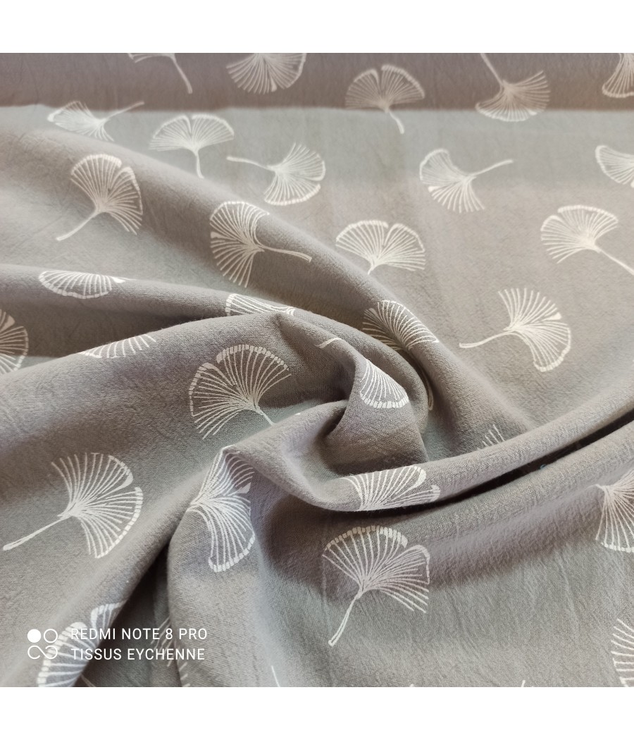 Tissu coton lavé - feuille palmier - gris