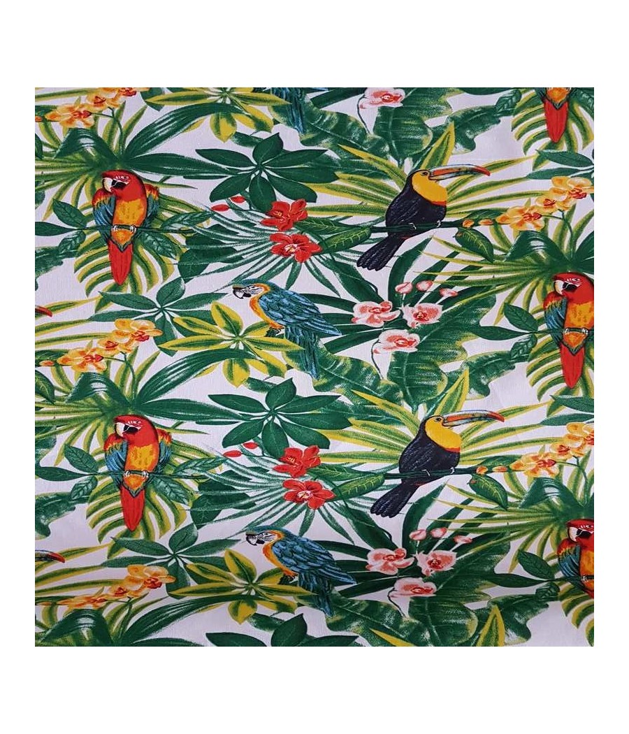 Tissu coton ameublement oiseaux Perroquets Toucan feuilles vertes