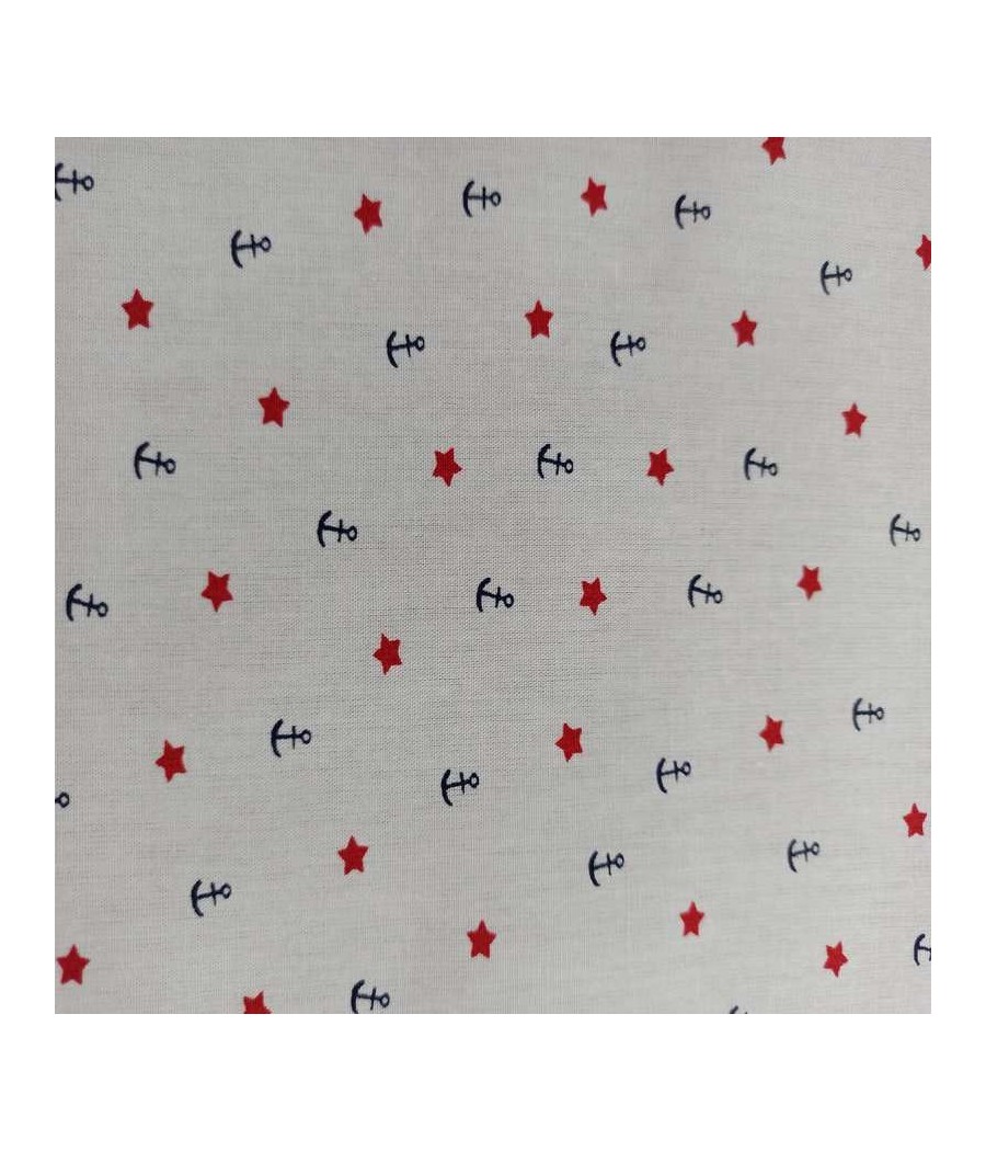 Tissu coton blanc petite étoile rouge et ancre Oeko-tex