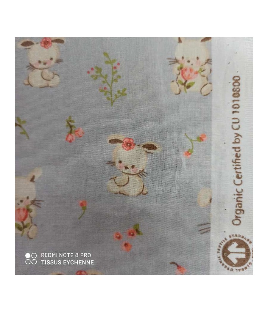 Tissu popeline de coton BIO - Poppy Bunny - oekotex - gris