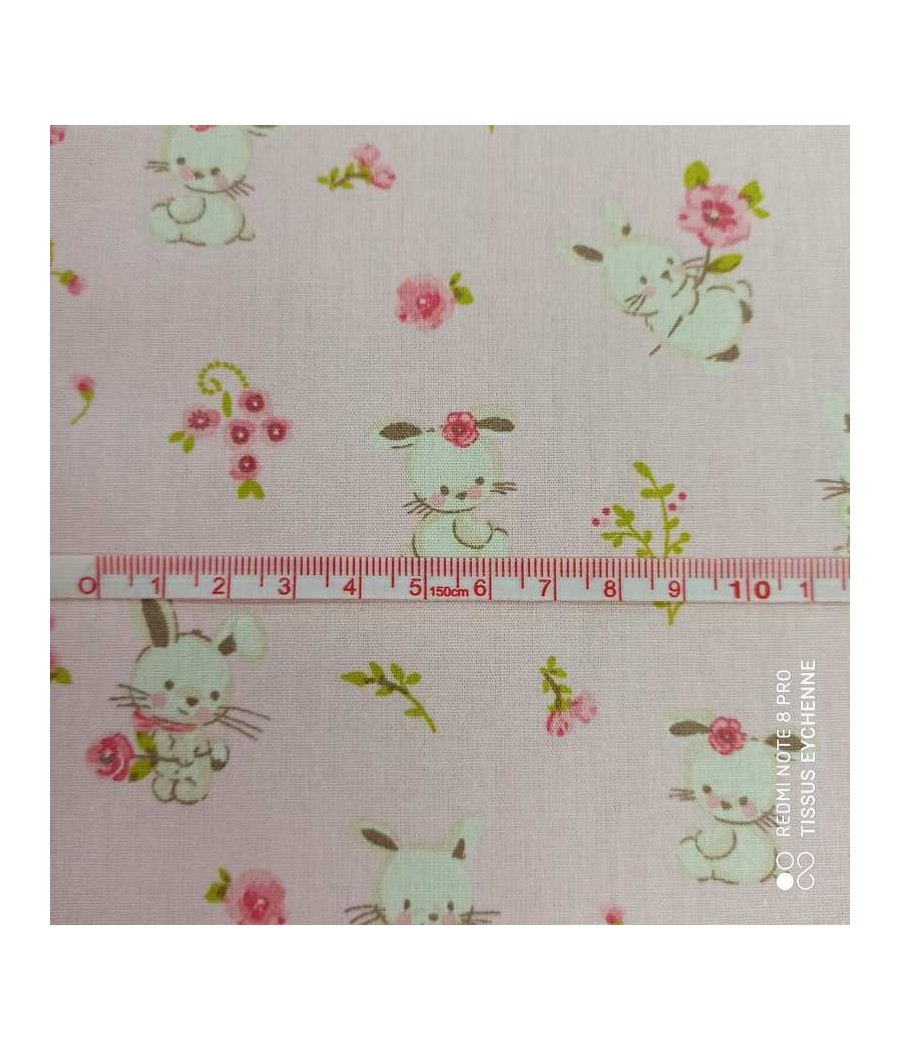 Tissu popeline de coton BIO - Poppy Bunny - oekotex - rose