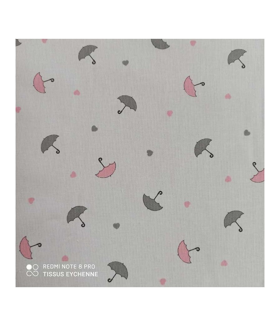 Tissu piqué de coton blanc Parapluie gris et rose oeko-tex