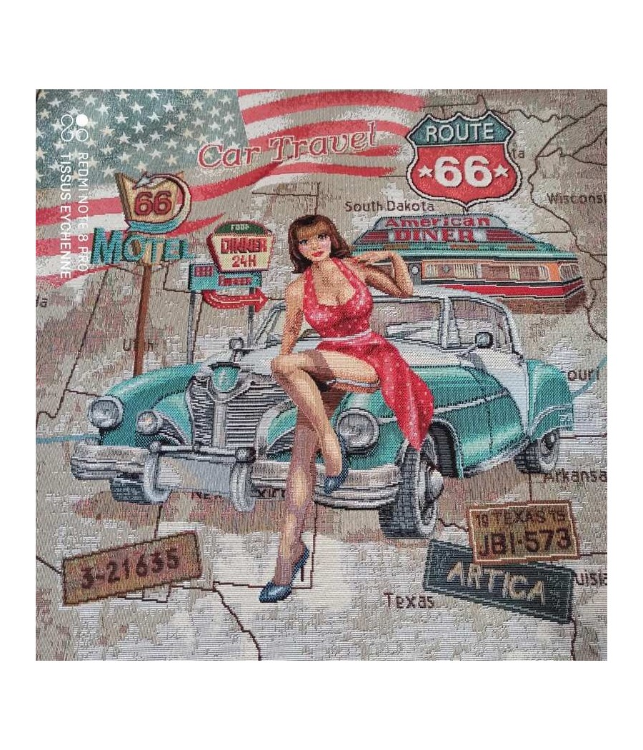 Carré jacquard - 47x47 - Pin Up voiture américaine - bleu