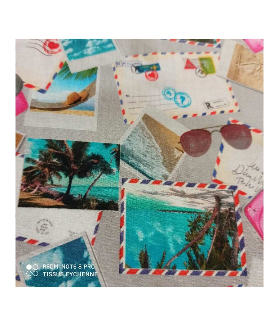 Tissu coton vacances cartes postales