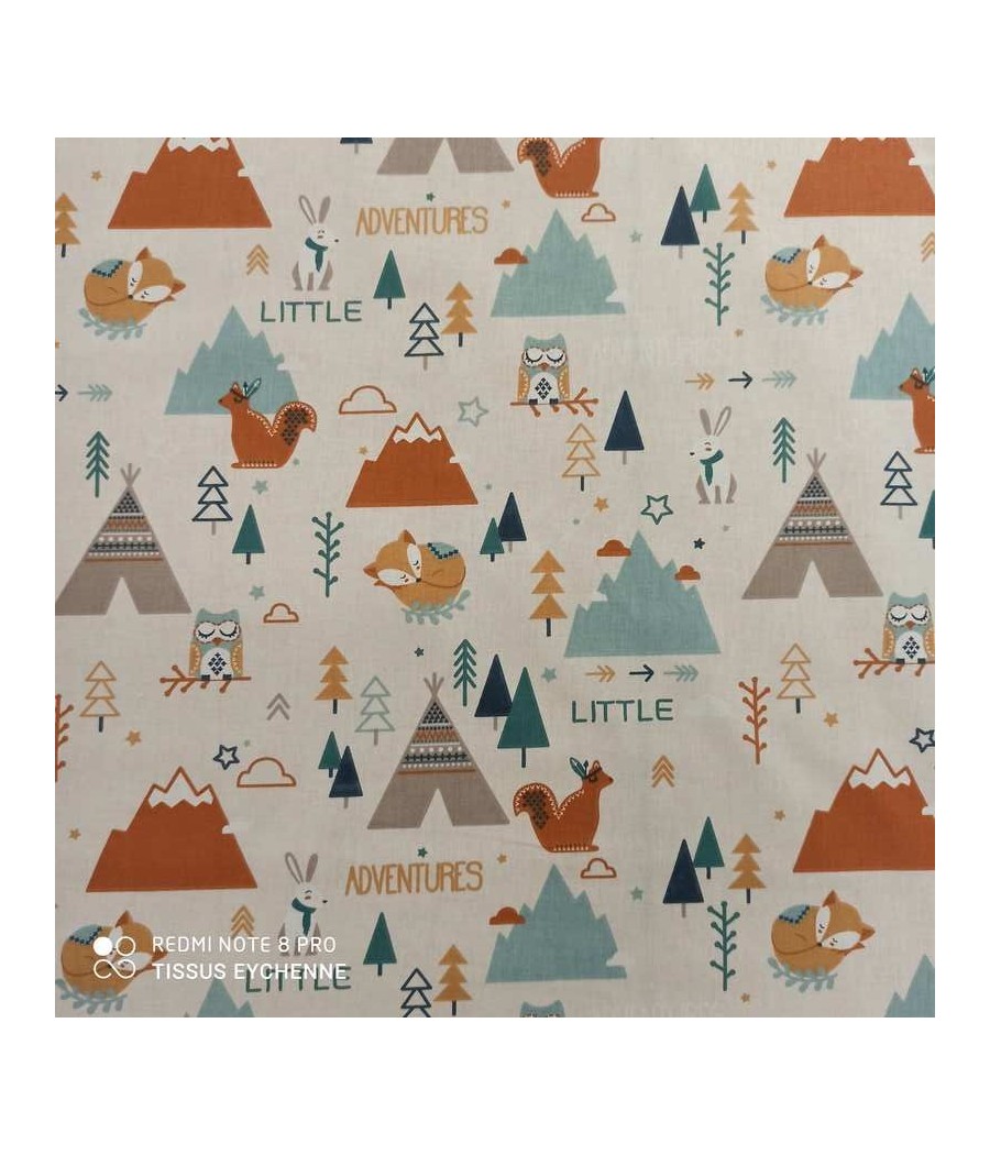 Tissu cretonne - Tamias Little Adventures - coton Oekotex - beige