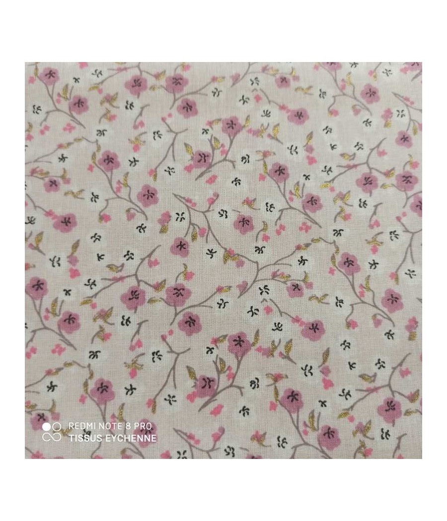 Tissu cretonne - petite fleur Izella - coton Oekotex - rose et doré