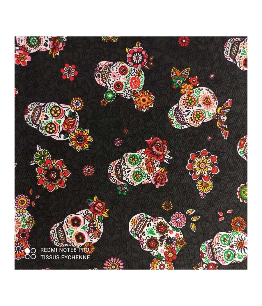 Tissu Gabardine coton - tête mort - Skull Carolina - oekotex - noir