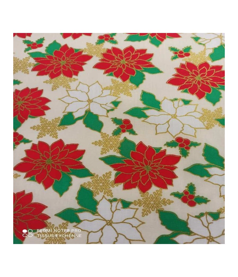 Tissu coton fleurs de noel blanc