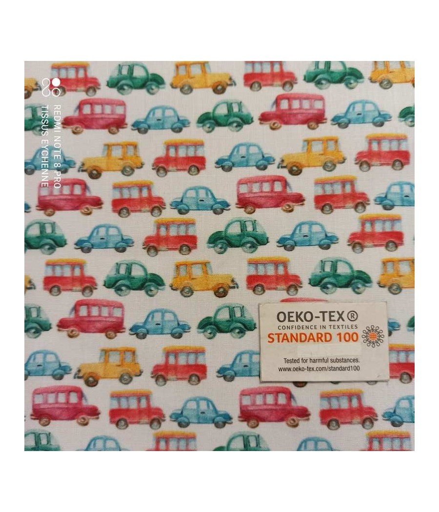 Tissu coton petite voiture multicolore Oeko-tex