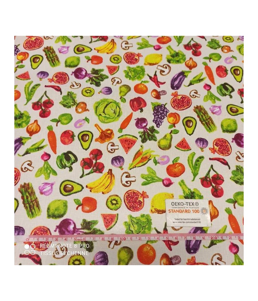 Tissu coton Oekotex - fruits et légumes primeurs - ivoire