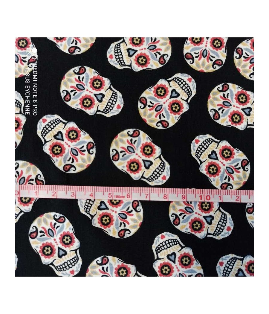 Tissu coton - petite tête de mort coeur - noir