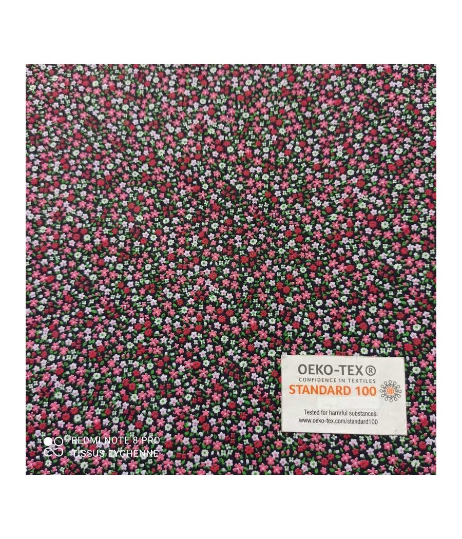 Tissu coton - petite fleur Victoria - Oekotex - noir/rose