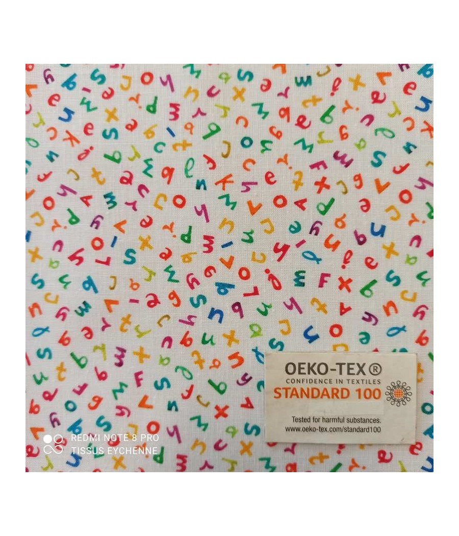 Tissu coton blanc petit alphabet multicolore Oeko-tex