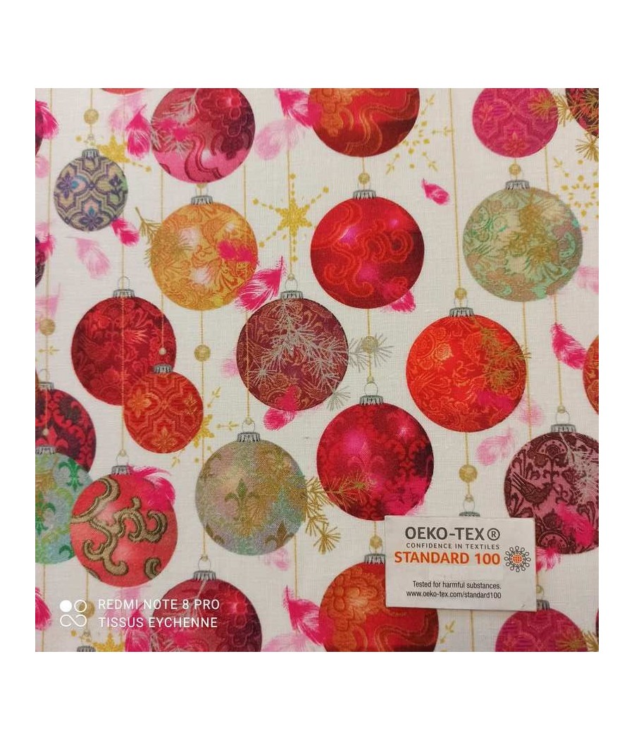 Tissu coton - Boule de Noel - Oekotex - rouge