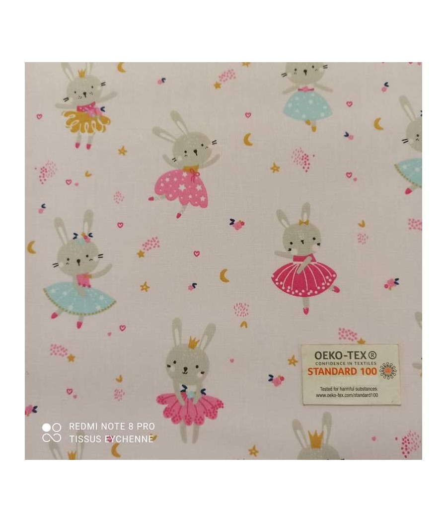 Tissu cretonne - princesse lapin Lavigna - Oekotex - rose